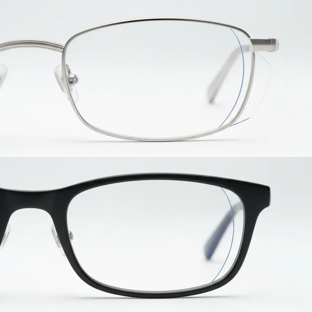 A side-view comparison showing a thick lens edge in a thin metal frame versus a lens edge concealed within a thicker acetate frame.