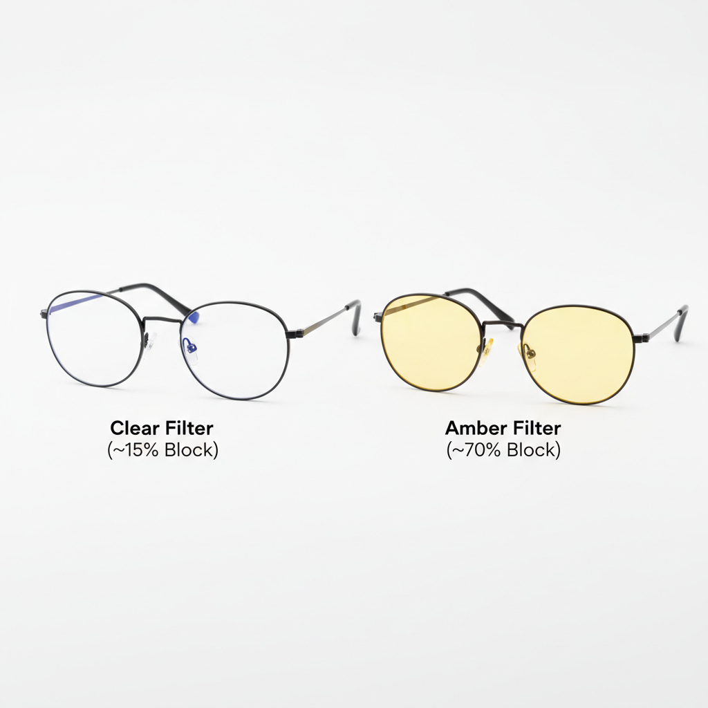 A comparison of a clear blue light filtering lens and a yellow-tinted amber lens, showing the difference in color and filtering level.