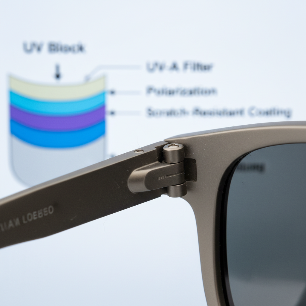 A macro photograph showing a high-quality sunglass hinge and a diagram of a polycarbonate lens, symbolizing the importance of material and construction in eyewear safety.