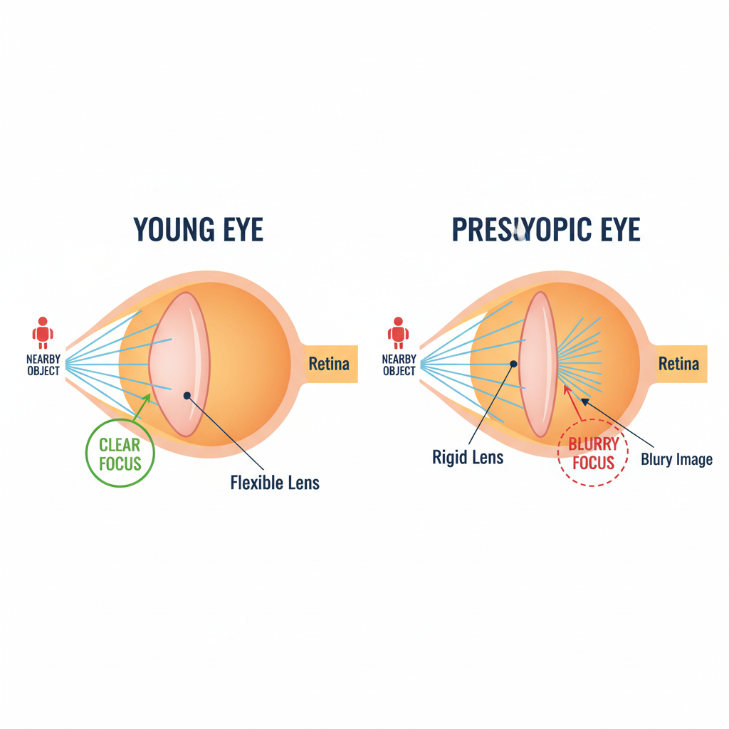 A diagram showing how a young eye's flexible lens focuses light correctly, while an older eye's stiff lens causes blurry near vision, which is the mechanism of presbyopia.