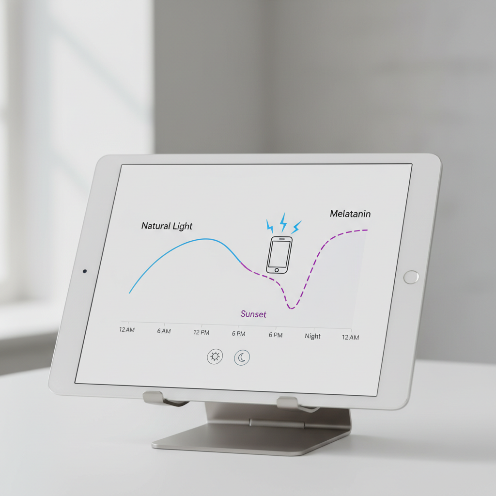 A chart showing how exposure to blue light at night suppresses the body's natural production of melatonin, the sleep hormone.