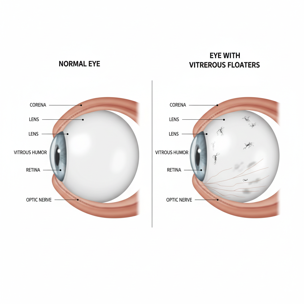 A medical illustration showing how vitreous floaters inside the eye cast shadows on the retina.
