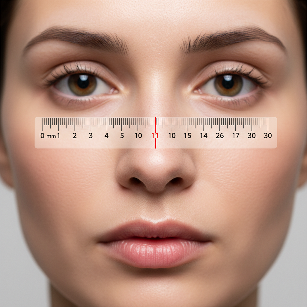 A diagram showing how to use a ruler to measure the width of a nose bridge for glasses.