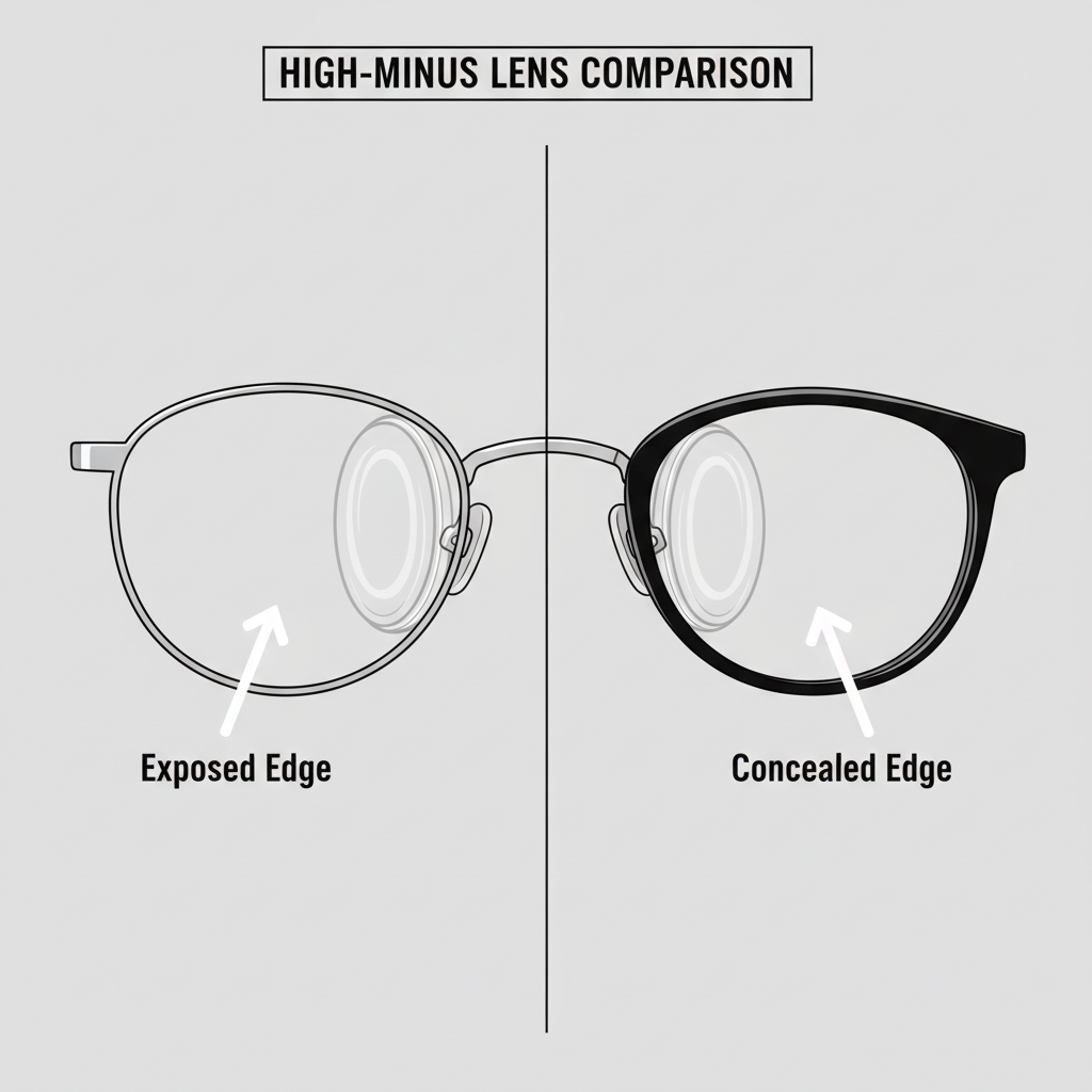 A clear, diagram-style comparison of two high-prescription lenses. One is in a large, thin metal frame, showing thick, obvious edges. The other is in a smaller, thick acetate frame, showing how the edges are perfectly hidden.