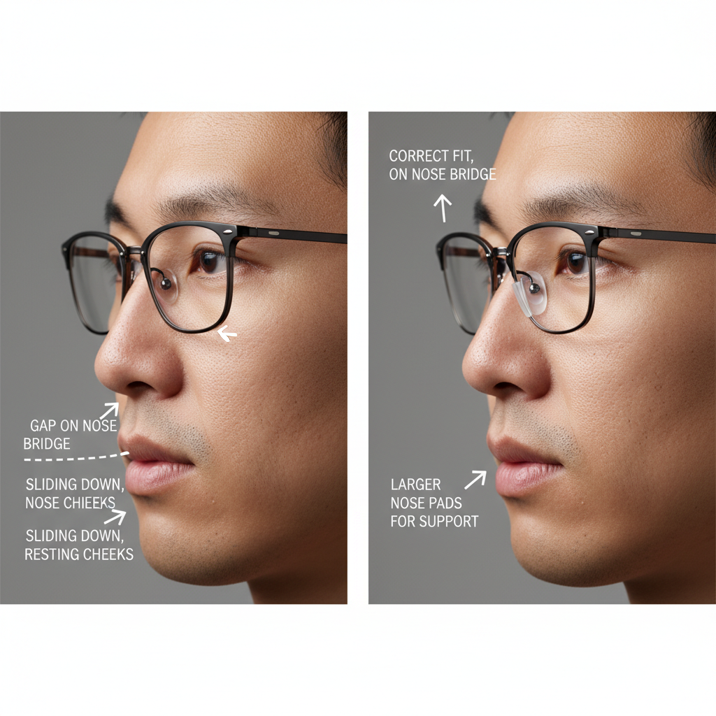 A comparison of a poor glasses fit on a low nose bridge versus a correct fit with low bridge or Asian fit frames.