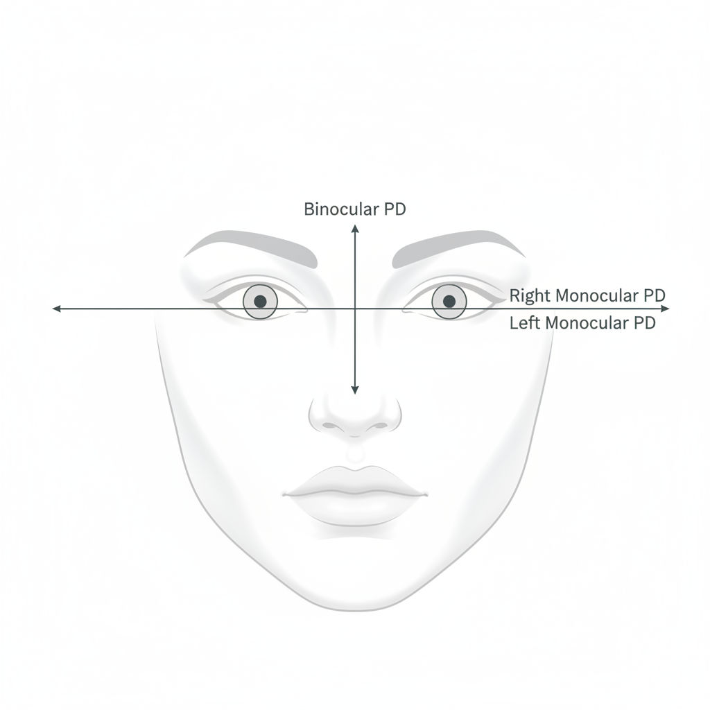 A clear diagram comparing binocular PD (a single line measuring the total distance between two pupils) and monocular PD (two separate lines measuring from the center of the nose to each pupil individually).