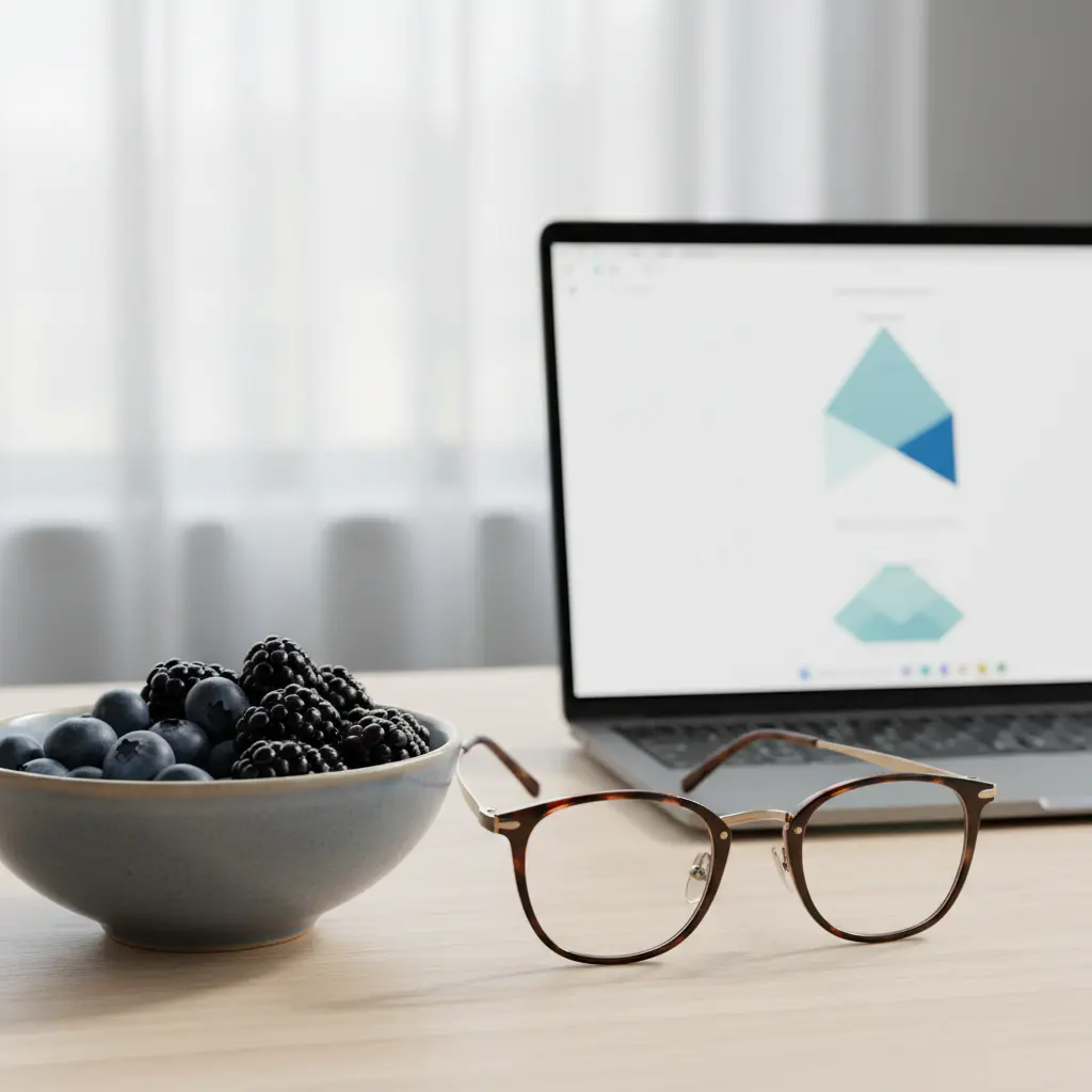 A professional digital workspace featuring a bowl of fresh blueberries next to a pair of sleek, modern glasses and a laptop, symbolizing the synergy of nutrition and technology.