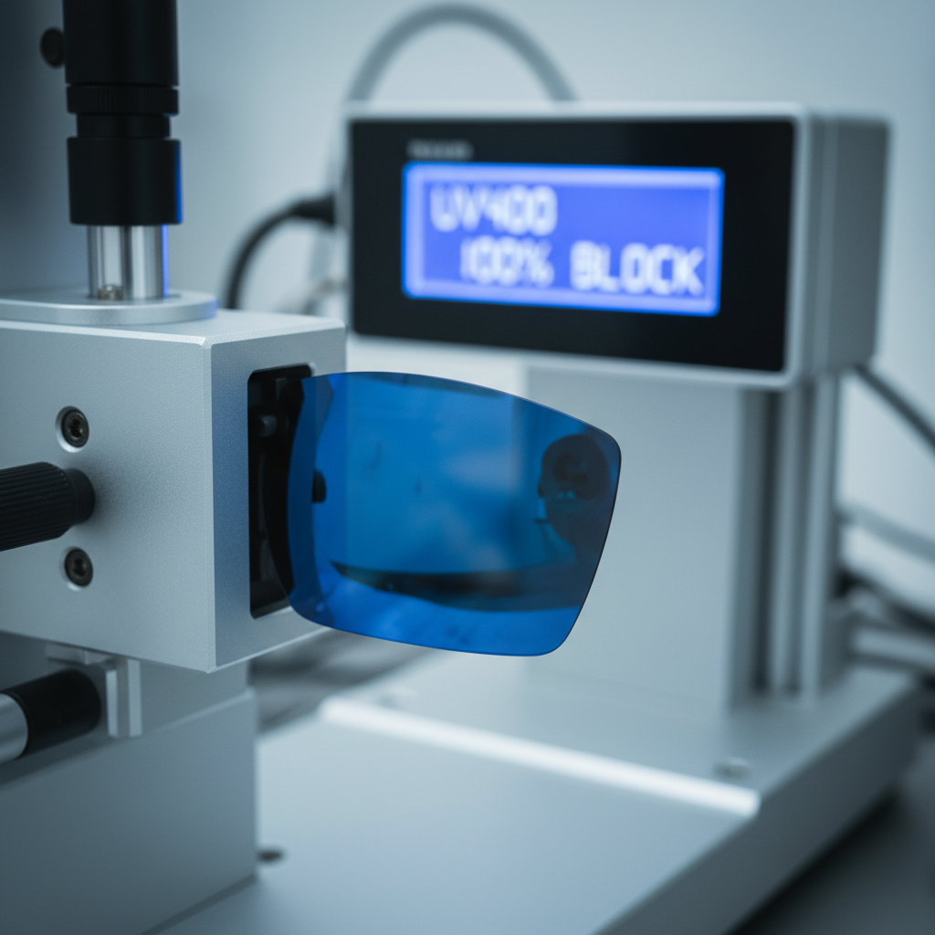 A technical close-up of a high-quality sunglass lens being tested under a photometer, showing the digital readout of 100% UV protection.