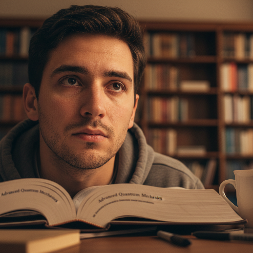 A close-up shot of a young male student's eyes, looking up from a textbook with a tired but focused expression. The lighting is soft and warm, illuminating the pages of the book, while the background of a library is gently blurred.