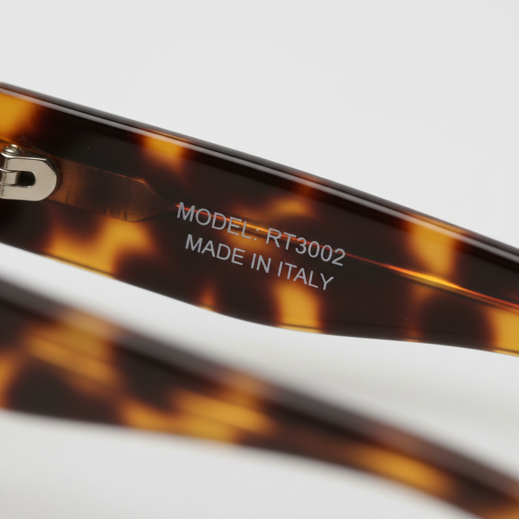 A macro view of the inside temple arm of a pair of sunglasses, showing crisp, clean engraving of the model number.