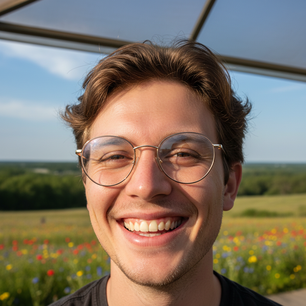 A happy person wearing their perfectly fitting prescription glasses, with the world in sharp focus behind them.