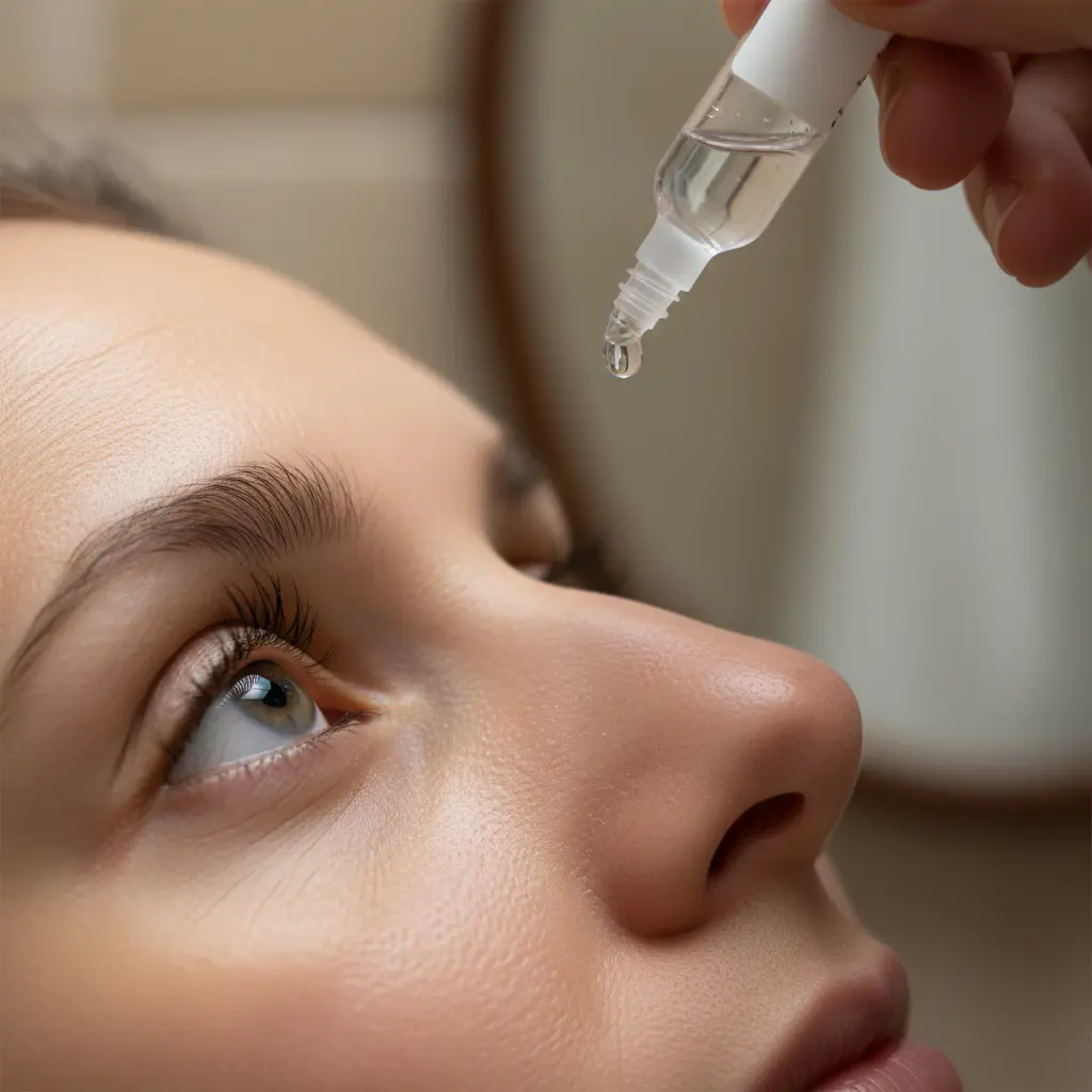 A person carefully applying preservative-free artificial tears to relieve eye dryness from allergies while wearing contacts.