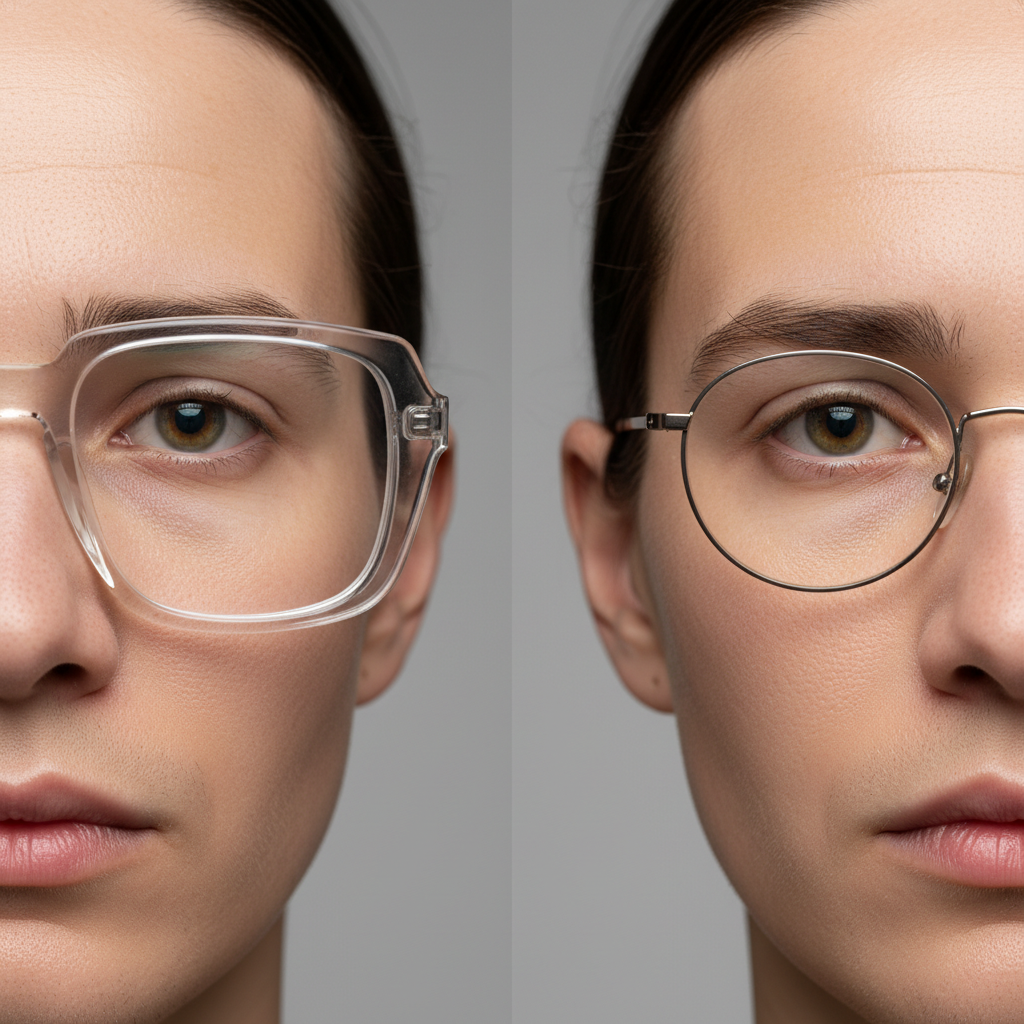 A visual comparison showing two pairs of glasses with the same high-power prescription. One is a large, wide frame with very thick, noticeable lens edges. The other is a smaller, rounder frame where the lens edges appear much thinner and more aesthetically pleasing.