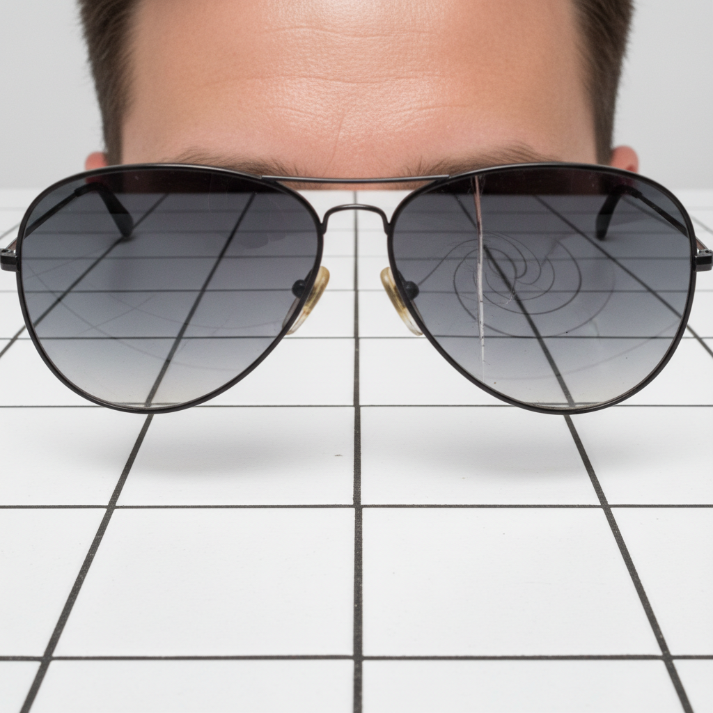 A view through a scratched sunglass lens showing how the scratch causes straight lines of a tile floor to appear distorted and blurry.