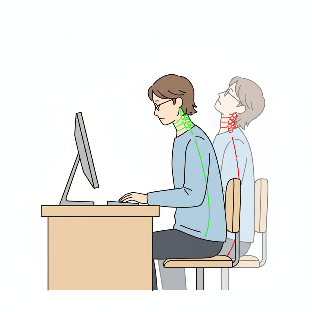 An illustration comparing correct and incorrect posture for a progressive lens user. The correct posture shows a person with a straight neck looking slightly down at a lowered monitor. The incorrect posture, faded in the background, shows the same person tilting their head back in a strained position to see a high monitor.