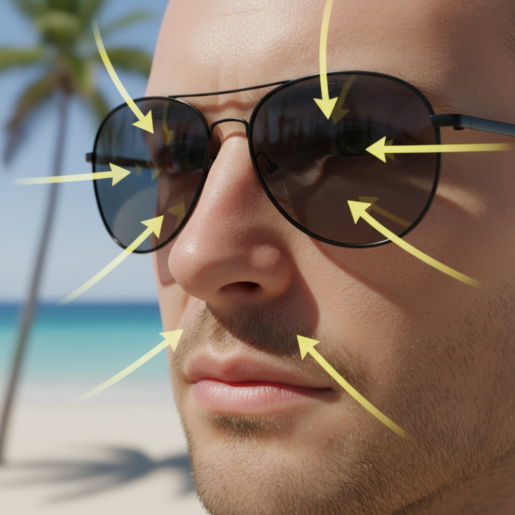 An illustration showing how sunlight can leak around the edges of flat sunglass frames, highlighting the importance of wraparound styles for full protection.
