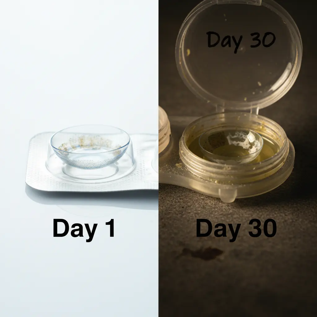A split-screen image showing a clean, fresh daily disposable contact lens on the left, and a visibly dirty, protein-filmed monthly lens on the right, to illustrate the hygiene benefit.