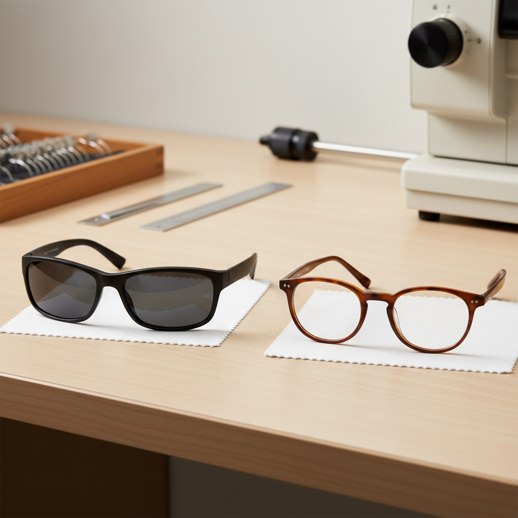 A professional optician's workbench showcasing different eyeglass frame styles. In the foreground, a sleek, wraparound sports-style frame is positioned next to a classic, flat-fronted fashion frame. The image is designed to clearly illustrate the difference in peripheral light coverage between the two styles, highlighting the functional benefit of the wraparound design for light sensitivity.