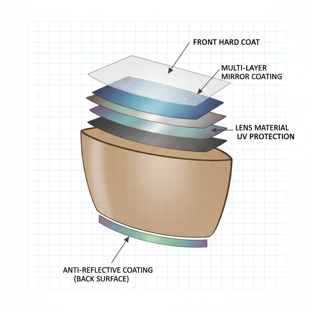 A close-up, side-angle view of a sunglass lens showing the multiple layers, including the mirror coating, hard coat, and back-surface anti-reflective coating.