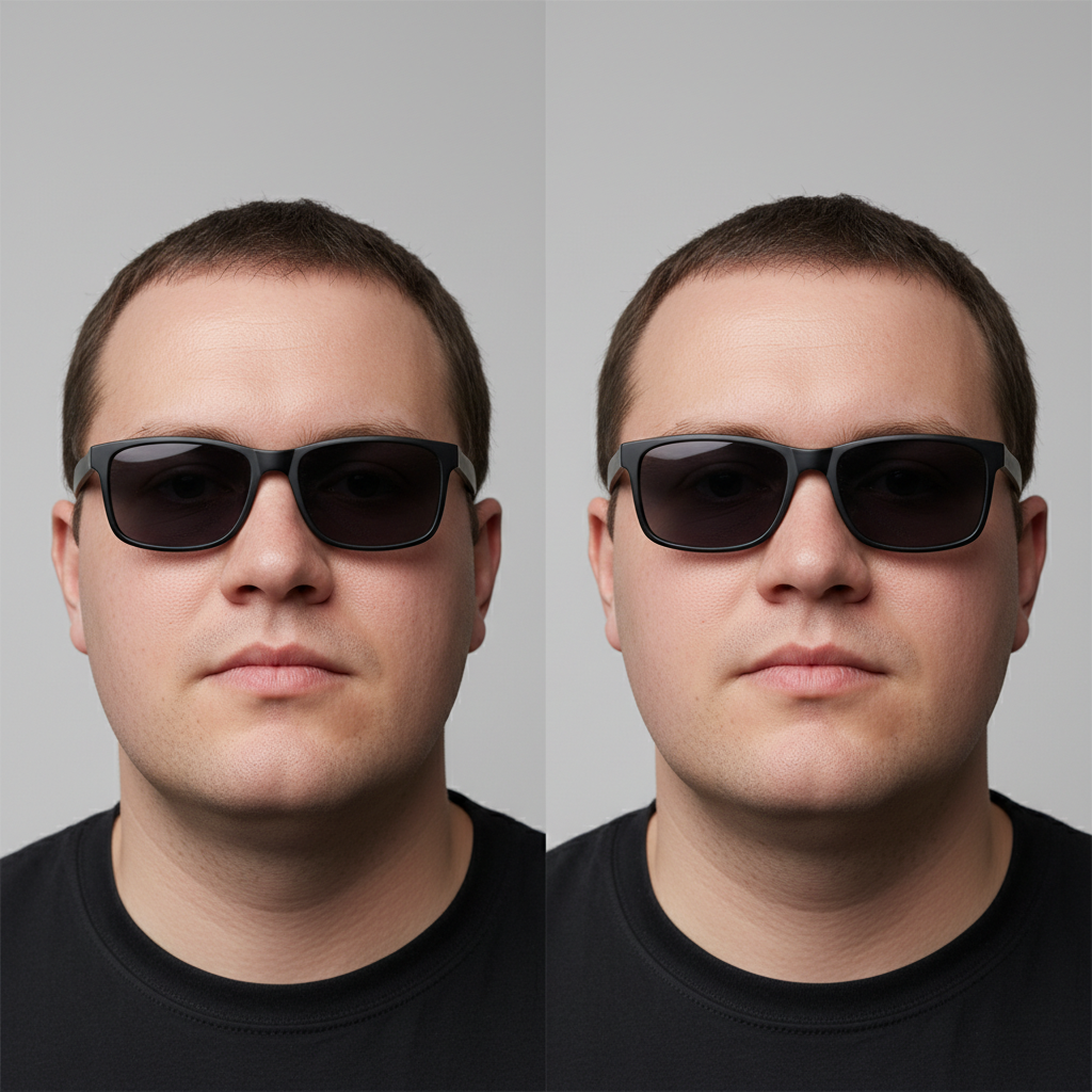 A split-image comparing sunglasses that are too narrow and pinch the temples versus sunglasses that are the correct width and fit comfortably.