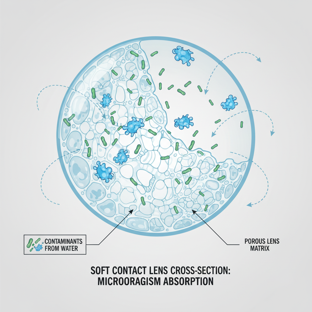 A conceptual illustration showing a contact lens on a fingertip with microscopic amoebas being absorbed into its porous surface from a water droplet.