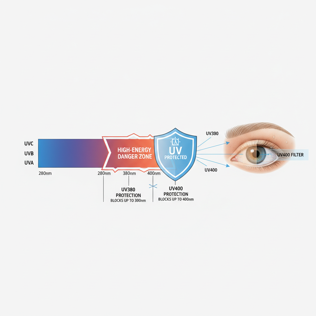 A detailed chart comparing the UV spectrum coverage of UV380 versus UV400 lenses, illustrating the high-energy gap that UV400 blocks.