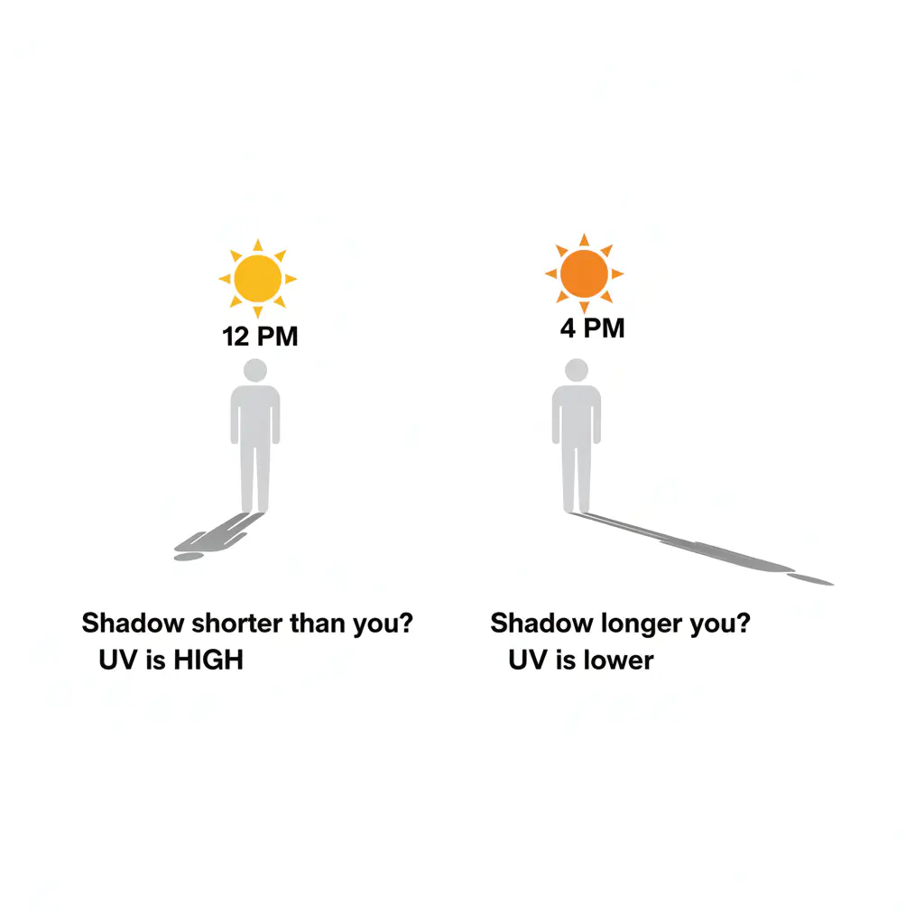 A simple diagram showing that when the sun is high and your shadow is short, UV exposure is high. When the sun is lower and your shadow is long, UV exposure is lower.