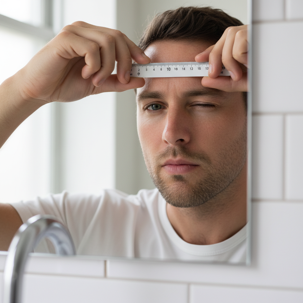A person looking in a mirror and holding a millimeter ruler up to their brow line to measure their pupillary distance.