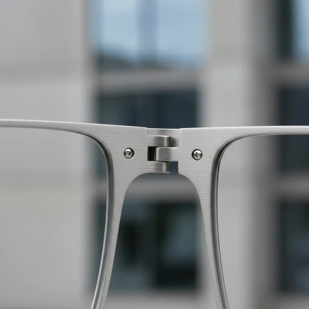 Close-up detail of a minimalist sunglass hinge, showcasing the clean construction of titanium material.