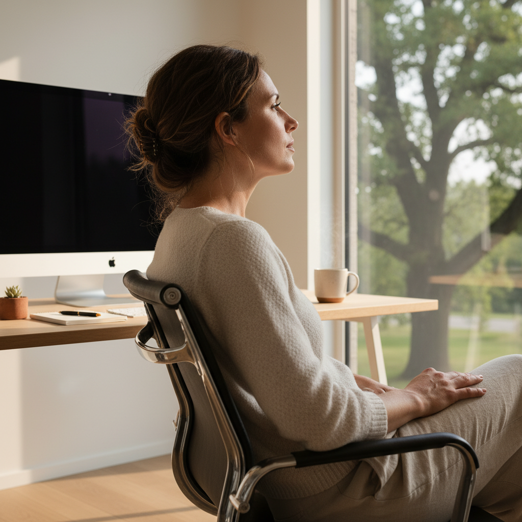 A person taking a mindful break from their computer, practicing the 20-20-20 rule to relieve stress-induced eye strain.