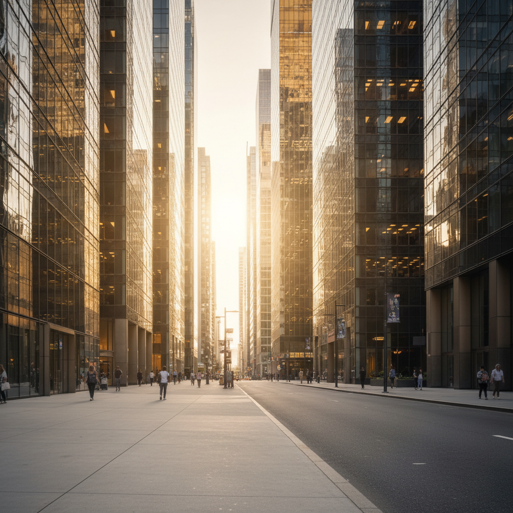 A professional architectural shot of a modern city street with glass skyscrapers reflecting sunlight, illustrating the urban UV environment.