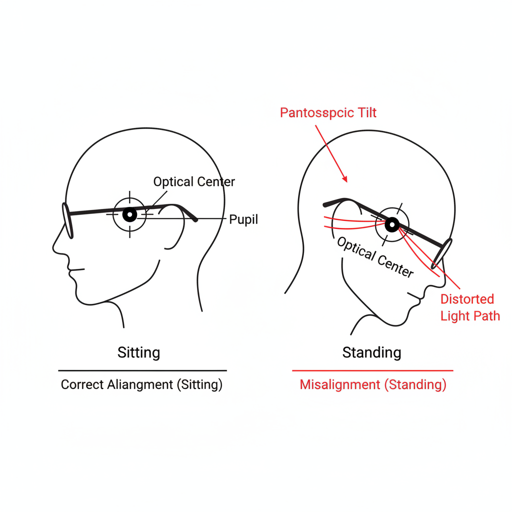 A technical diagram showing how posture affects eyewear fit. One profile shows a person sitting with their pupil aligned to the lens's optical center. The second profile shows them standing with their head tilted down, causing pupil misalignment and distorted vision.