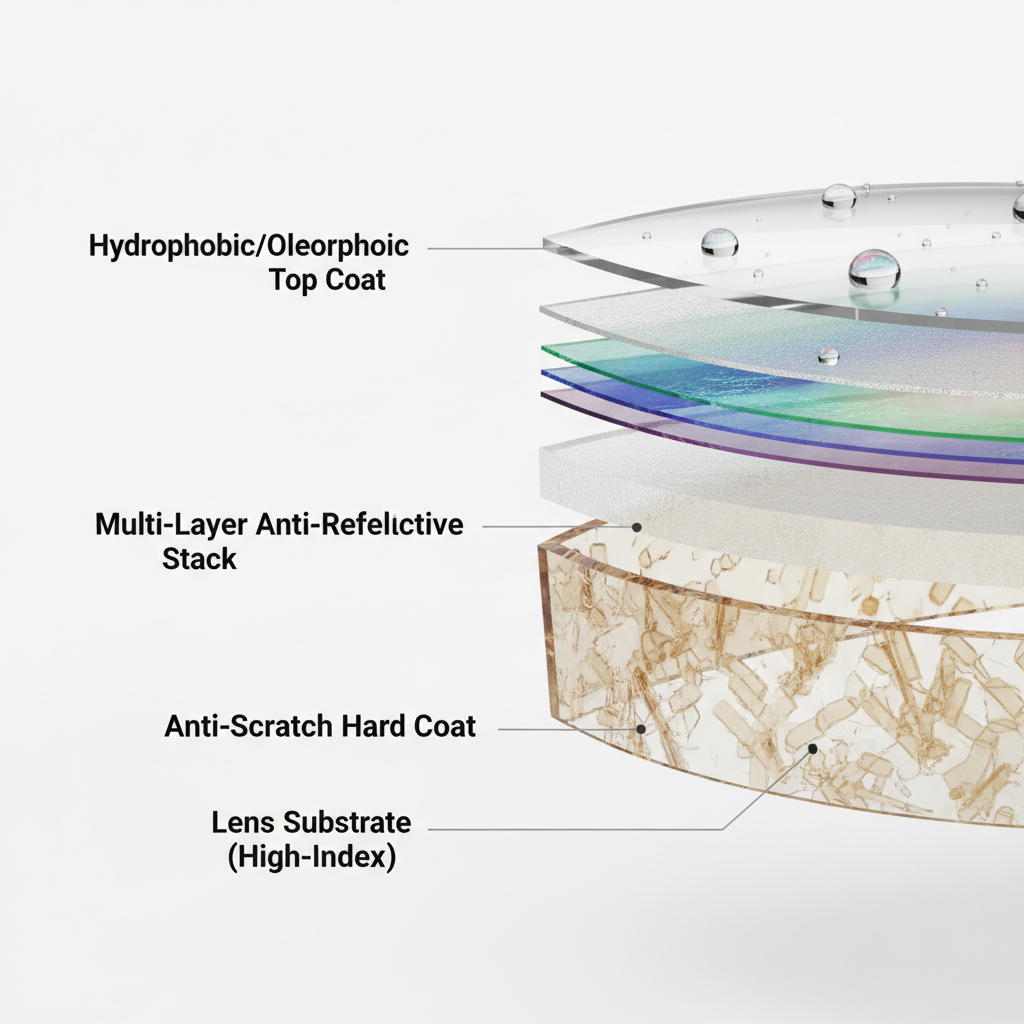 A macro photograph showing a microscopic view of a lens cross-section, revealing the different layers: the base lens material, the anti-scratch hard coat, the multi-layer AR stack, and the hydrophobic top coat.