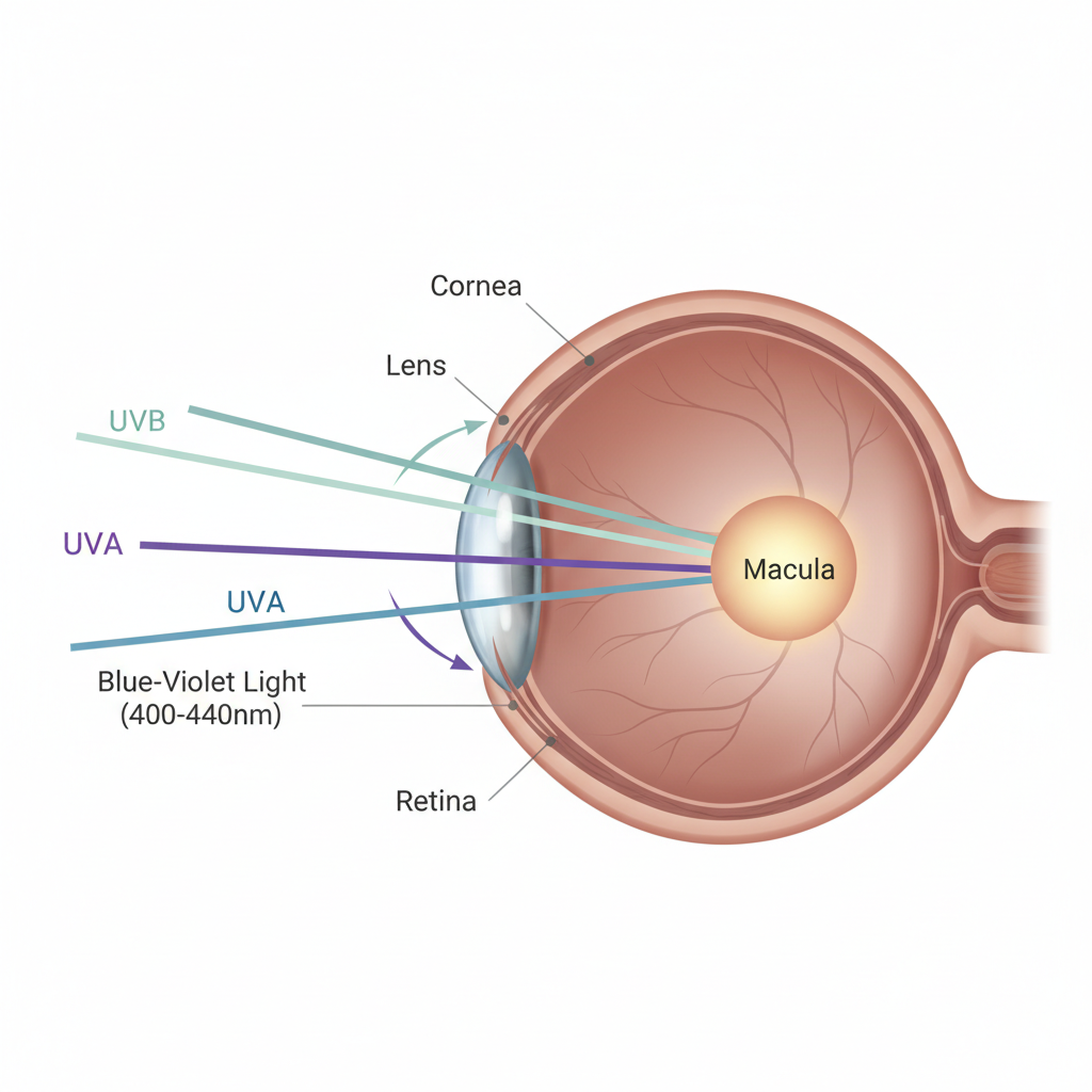 A medical diagram showing how UV and high-energy blue-violet light rays penetrate the cornea and lens to reach the retina and macula at the back of the eye.