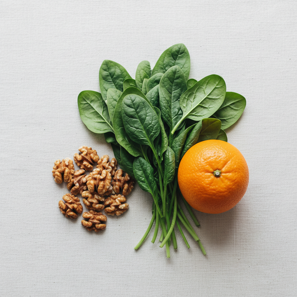 A collection of 'ocular superfoods' including walnuts, spinach, and an orange, representing key nutrients for eye health.