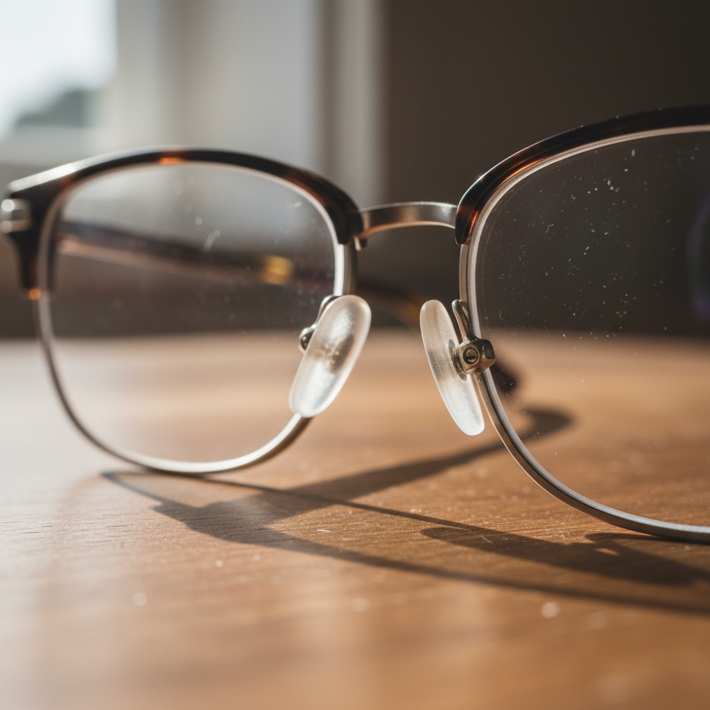 A detailed close-up of a pair of eyeglasses, focusing on the adjustable silicone nose pads that ensure a secure and customizable fit.