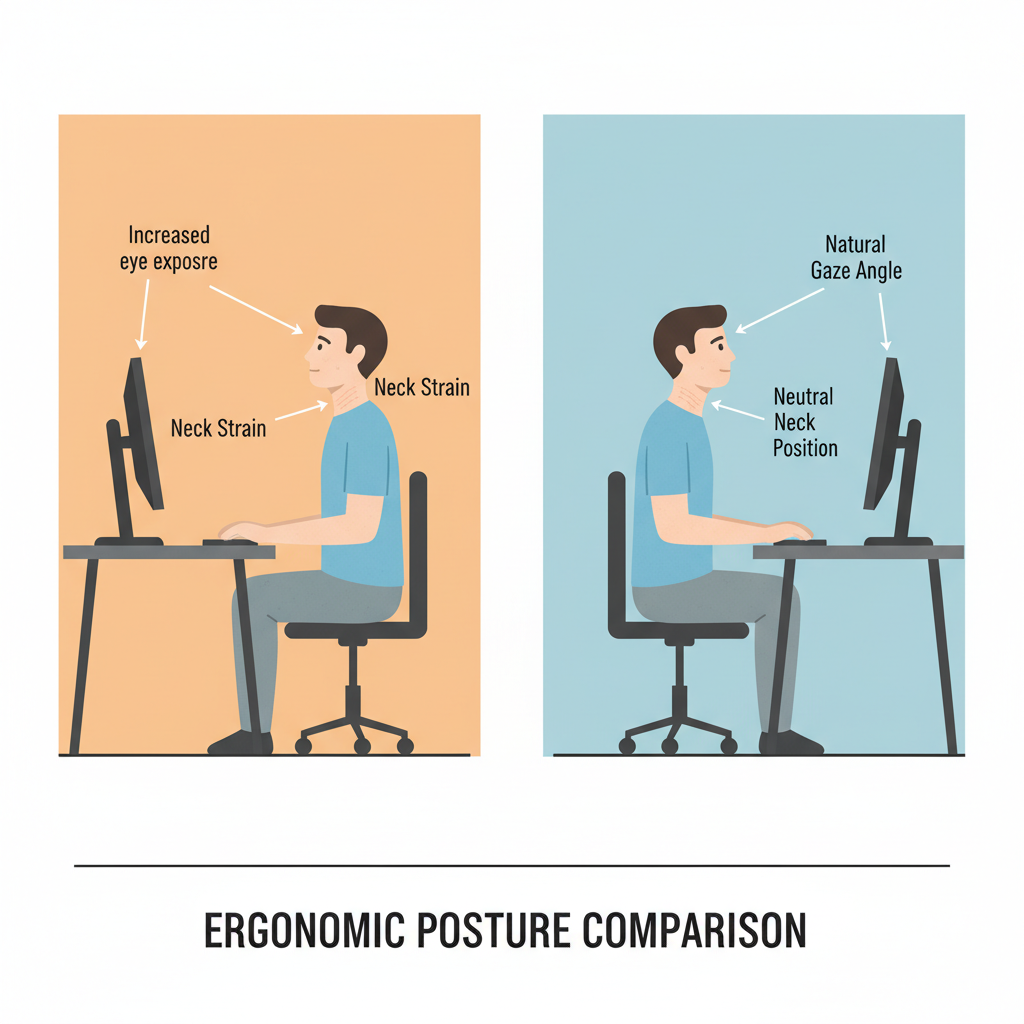 A side-by-side comparison showing the wrong and right monitor height for ergonomic viewing.