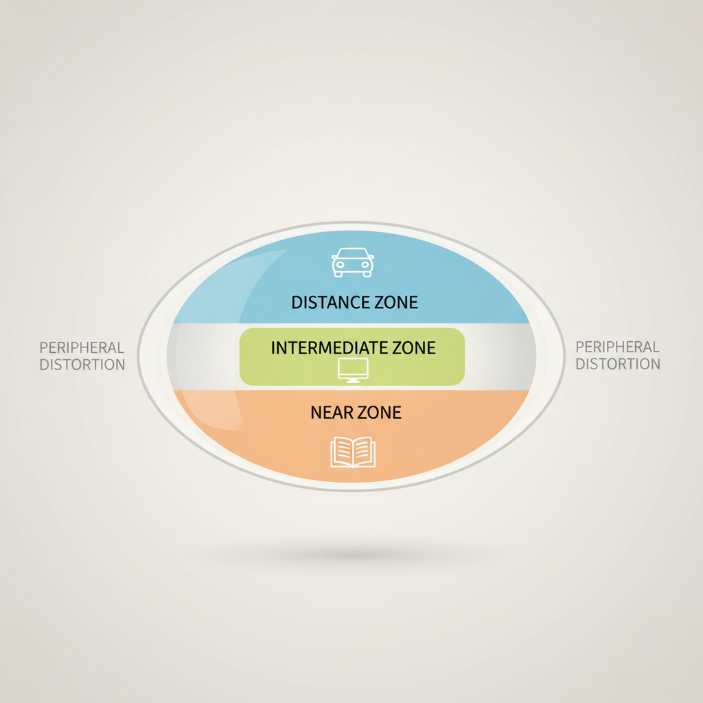 An infographic diagram showing the three distinct zones of a progressive lens: a large upper section for Distance vision (driving), a narrow middle channel for Intermediate vision (computer/dashboard), and a lower section for Near vision (reading).