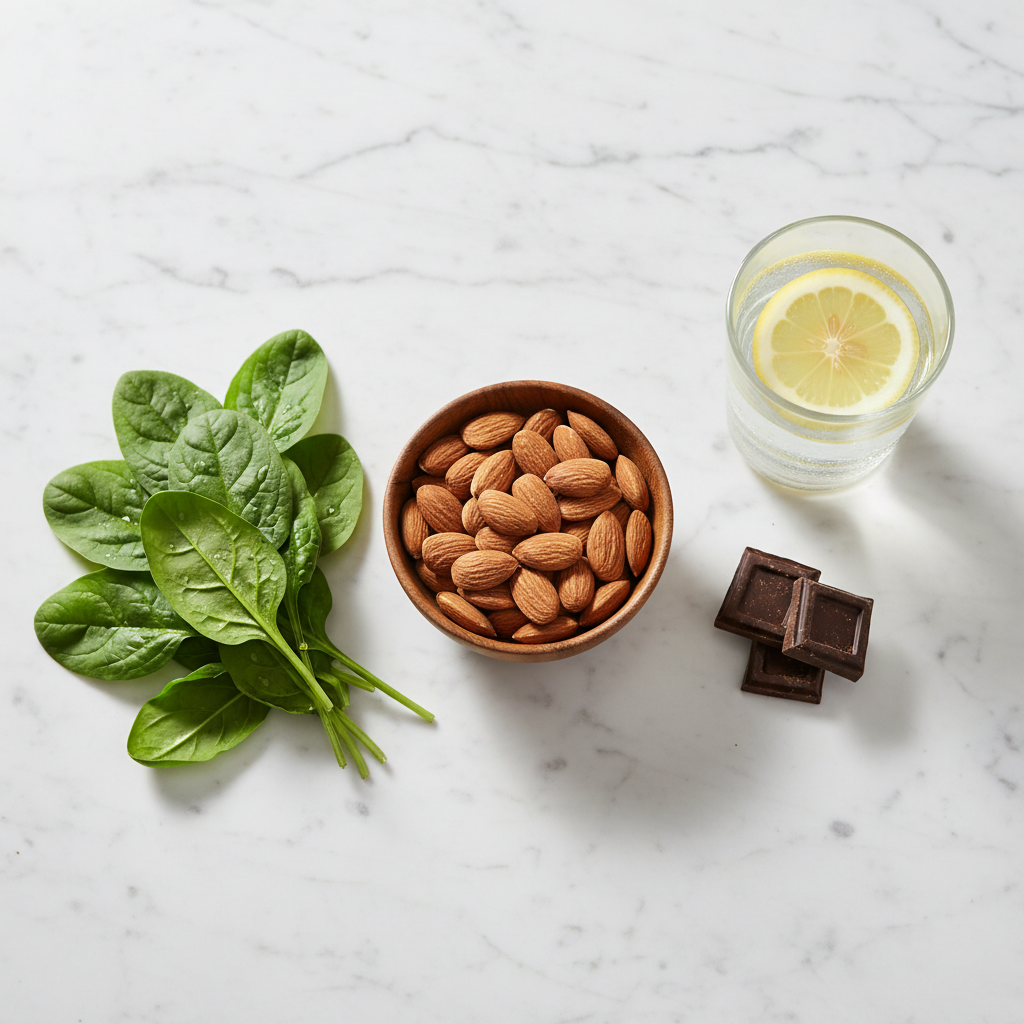 A variety of magnesium-rich foods like almonds, spinach, and dark chocolate arranged on a table, representing dietary support for muscle and eye health.
