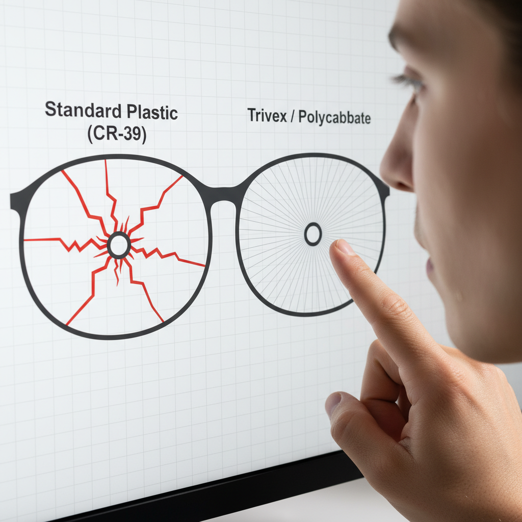 A diagram comparing the stress distribution on a standard lens versus a Trivex or Polycarbonate lens when drilled for rimless frames.