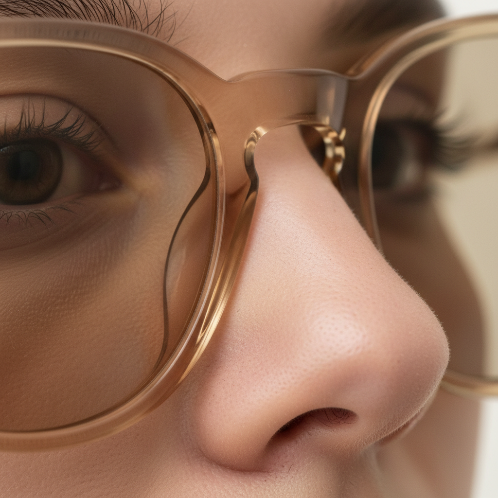 A close-up of sunglasses with smooth, integrated nose pads designed to prevent hair from getting tangled.