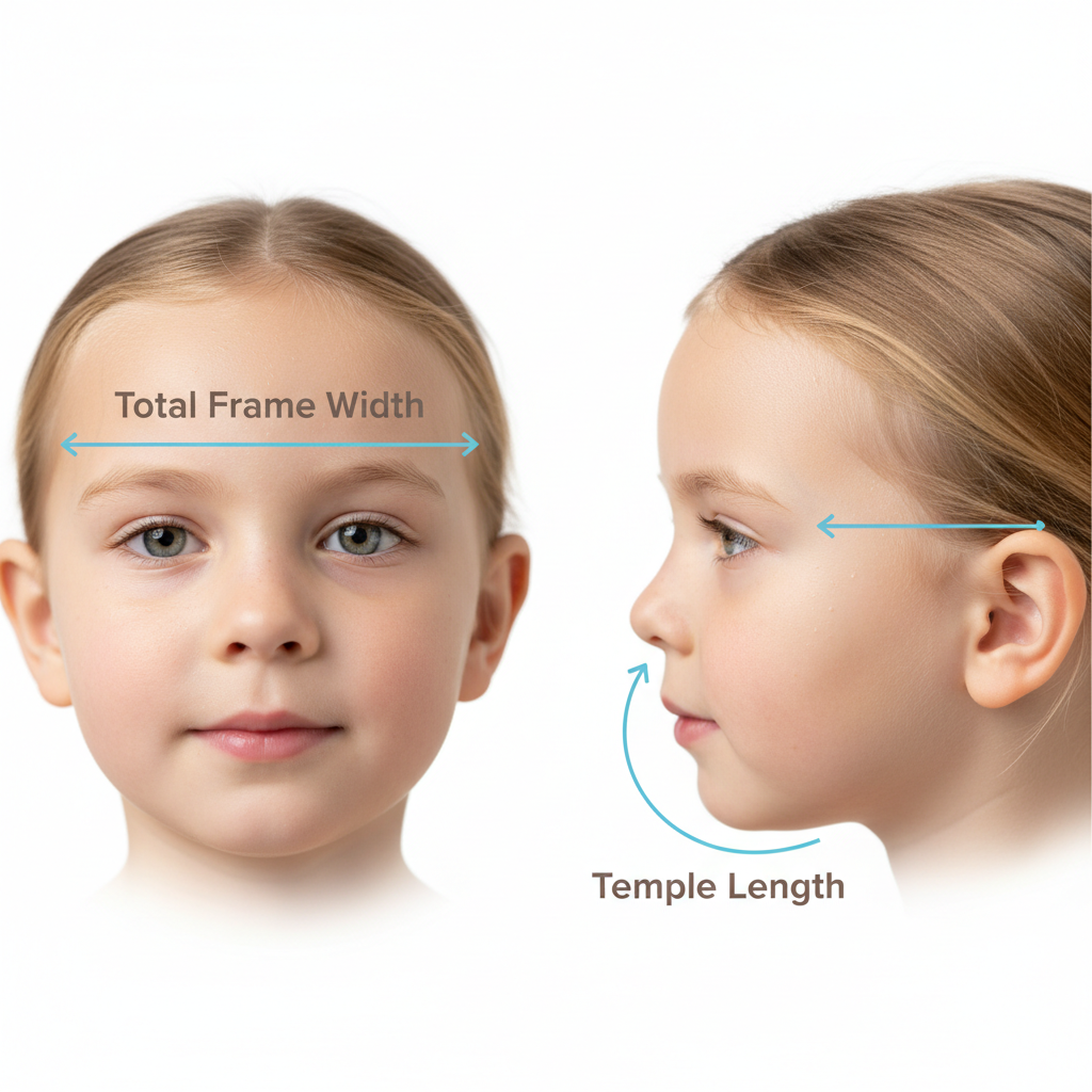 A clear diagram illustrating the key measurements for a proper glasses fit on a child's face, showing frame width and temple length.