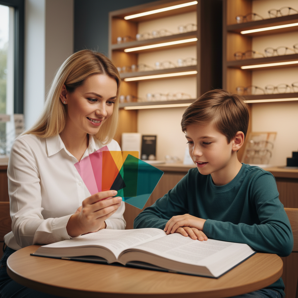 A vision specialist helps a young student choose the right colored overlay for reading by testing various shades on a book.