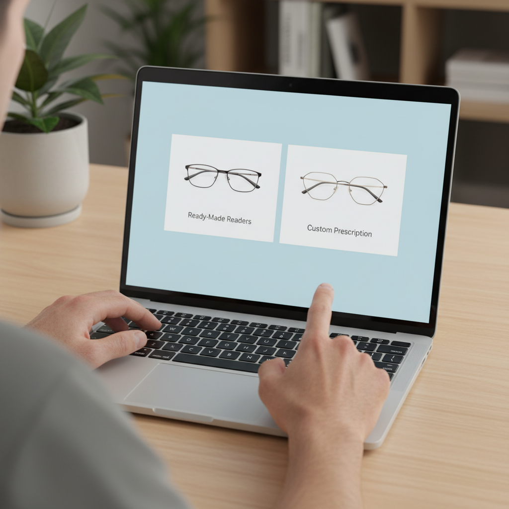 A person comparing a generic pair of over-the-counter reading glasses with a custom prescription pair online.