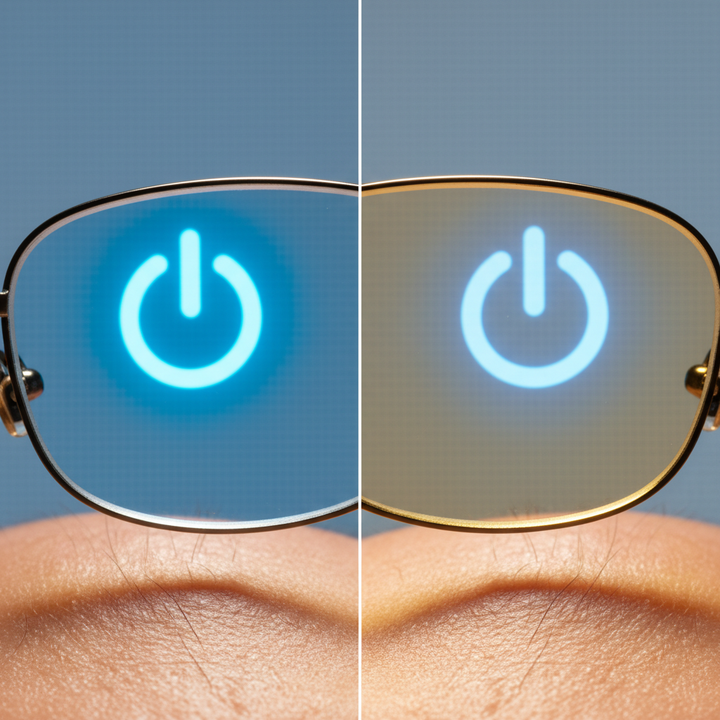 A comparative image showing a blue icon viewed through a regular lens versus a blue light blocking lens, highlighting the filtering effect.