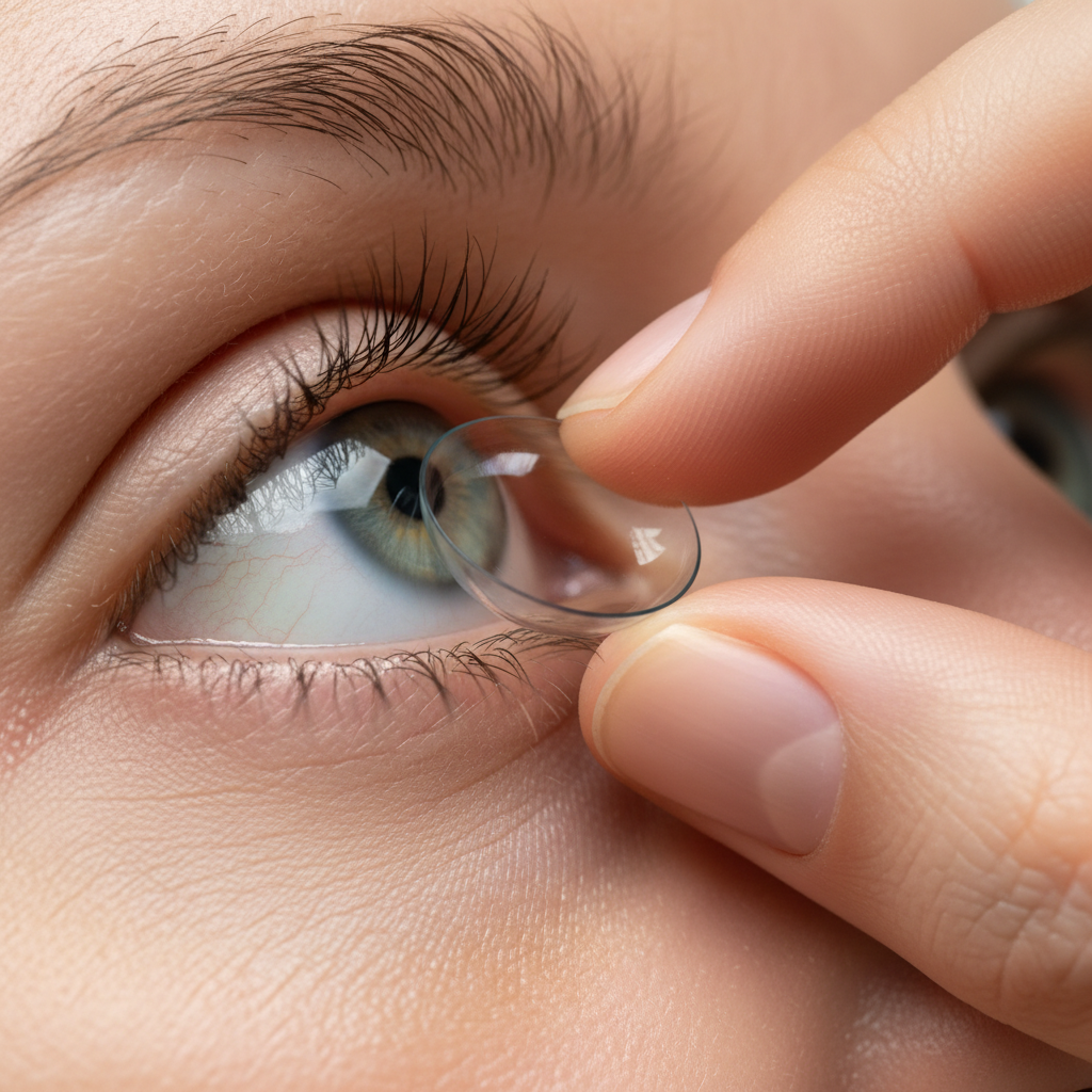 A close-up photo showing the technique for removing a contact lens: sliding it down to the white of the eye before gently pinching it out.