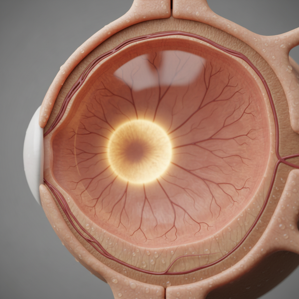 A medical illustration of the human eye anatomy with a focus on the macula and retina.