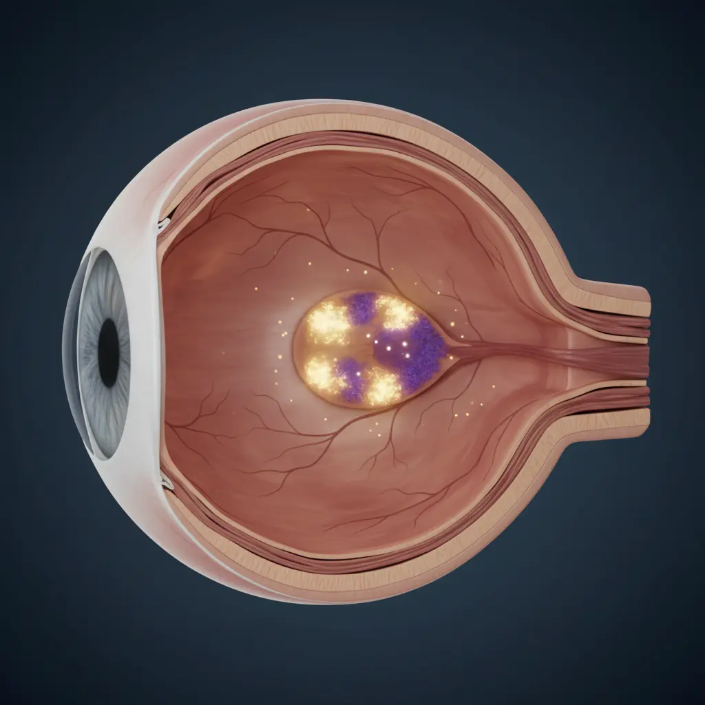 A detailed technical illustration showing a cross-section of the human eye, highlighting the macula and the protective layer of pigment formed by lutein and anthocyanins.