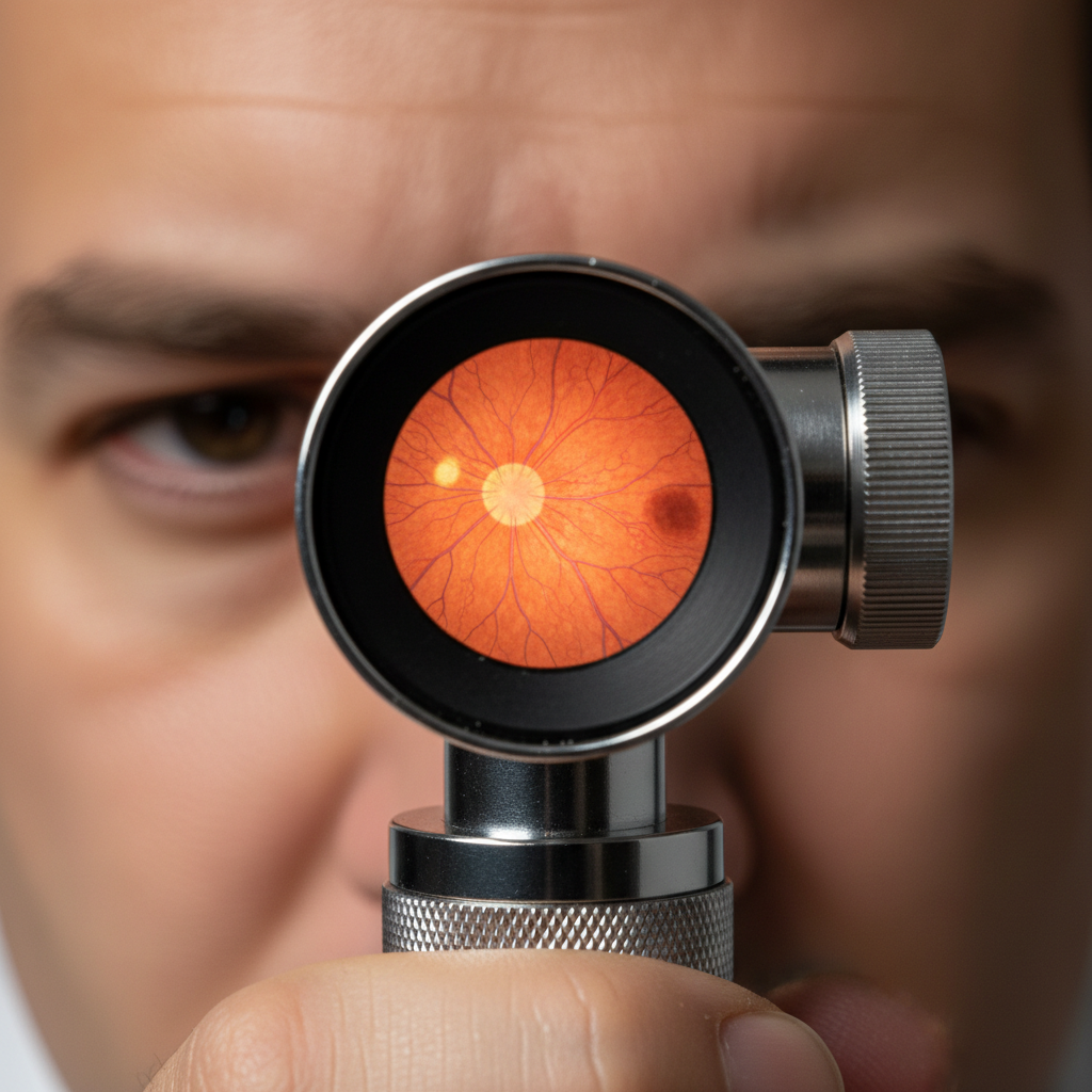 A simulated view through an ophthalmoscope, showing a wide, clear image of the human retina, optic nerve, and blood vessels.