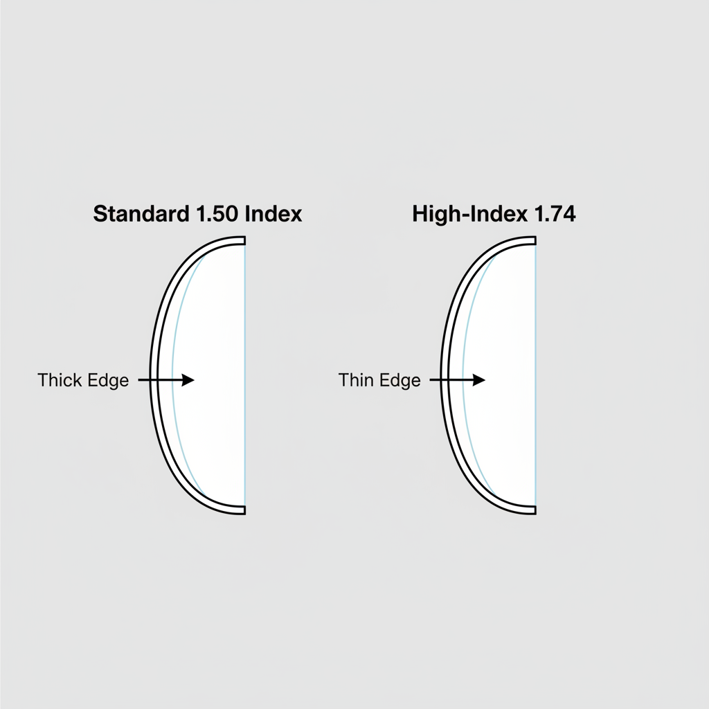 A diagram comparing the thick edge of a standard 1.50 index lens to the significantly thinner edge of a 1.74 high-index lens for the same strong prescription.